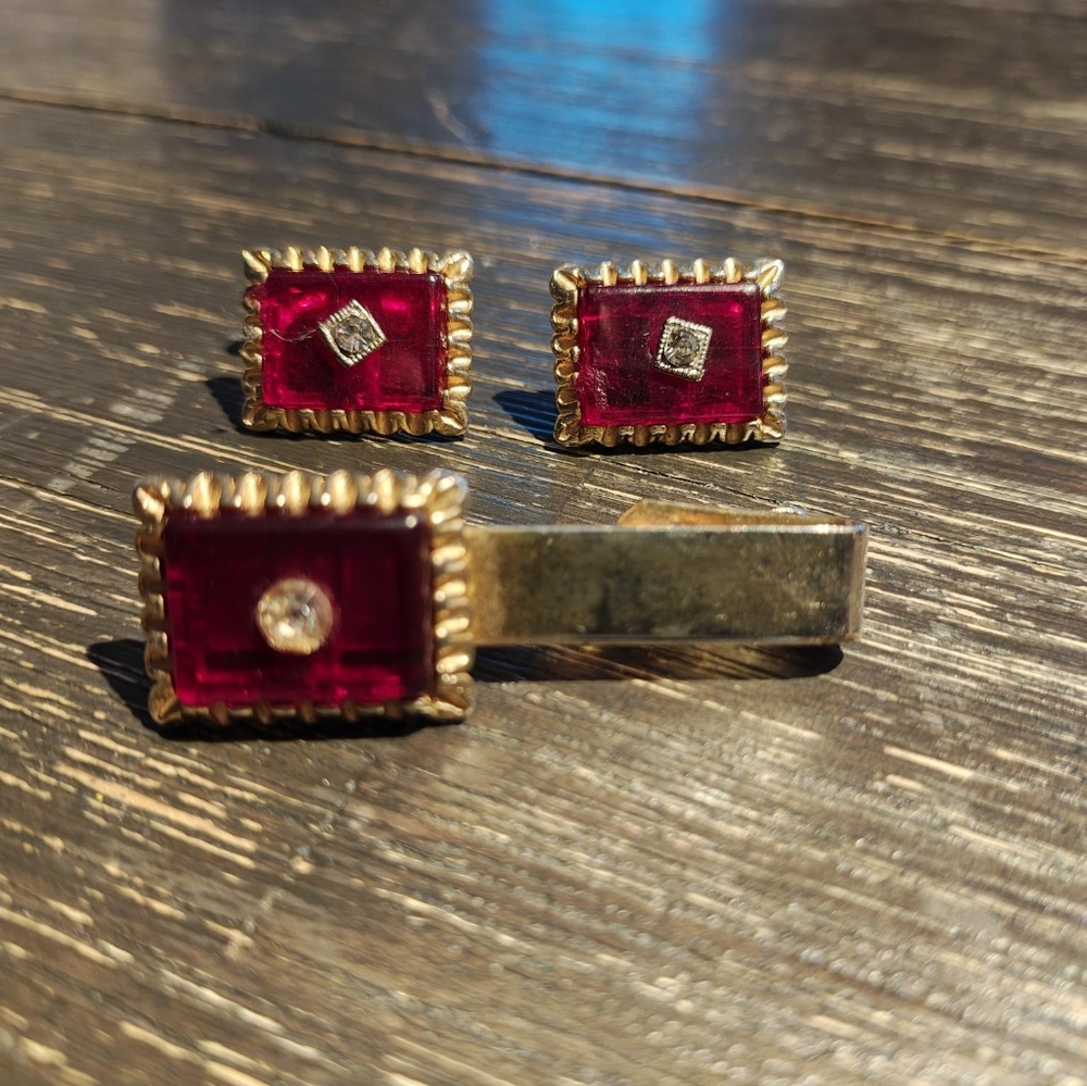 Gold and Red Cuff Links with Diamond Accent